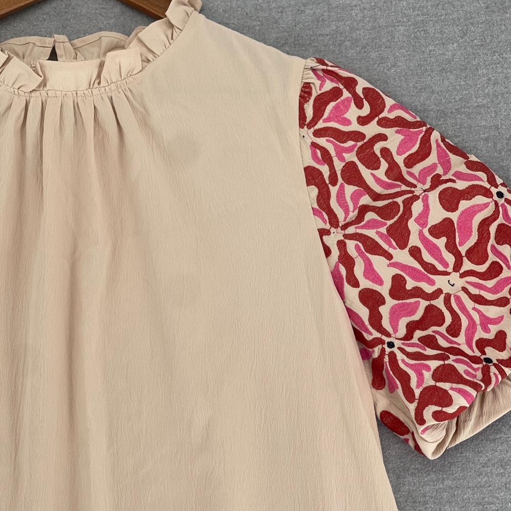 Entro Beige Ruffle Mock Neck Blouse Pink Red Embroidered Puff Sleeve 1X Boho